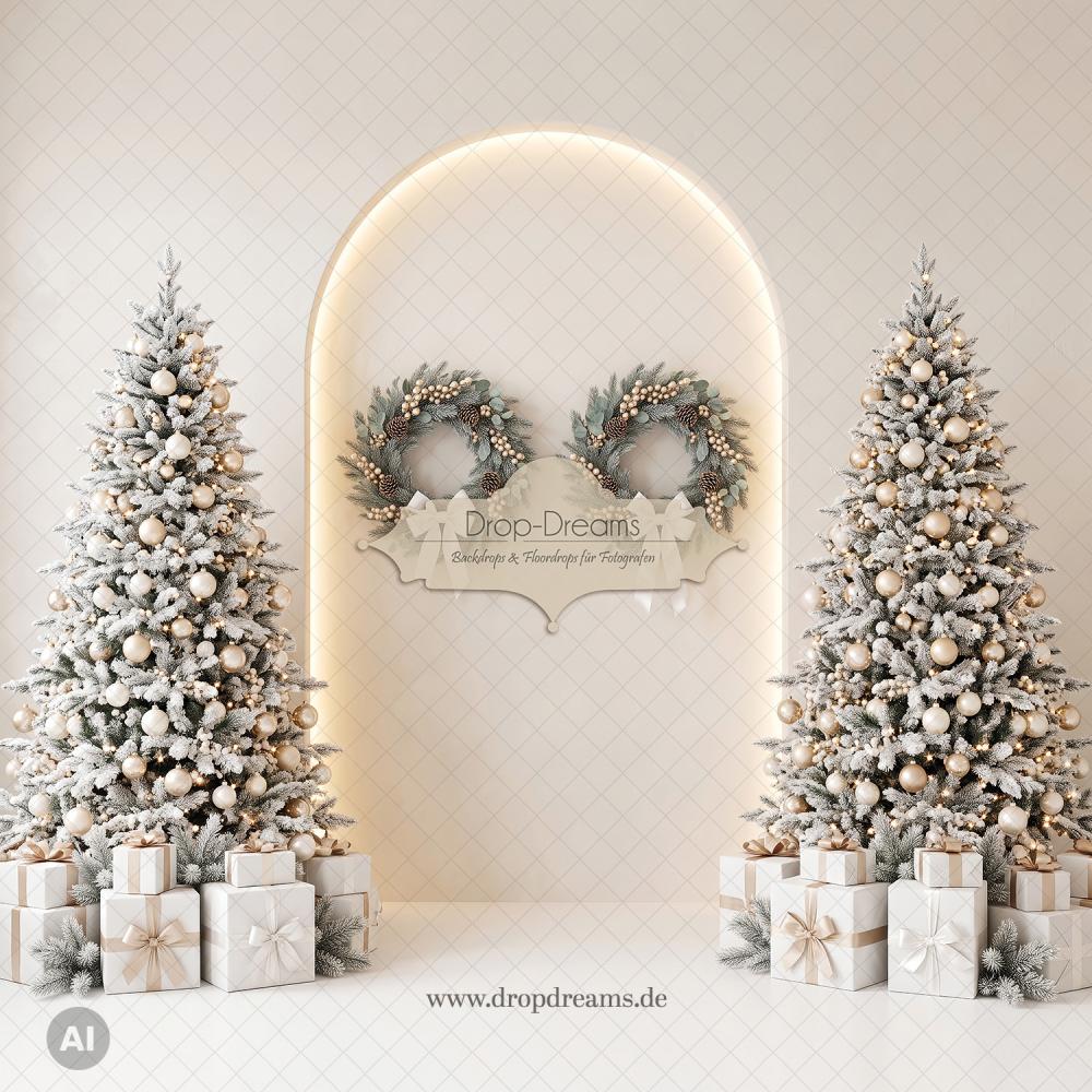 Weihnachts-Backdrop White Arch Christmas mit Rundbogen und bereiften Weihnachtsbäumen in Weiß, Creme und Champagner von Drop-Dreams